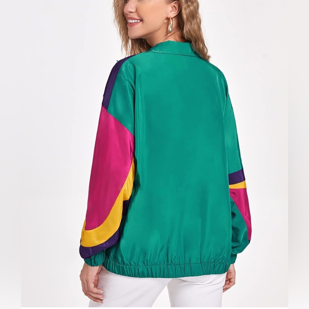 SweatyRocks Women's Colorblock Zip Up Long Sleeve Collar Windbreaker Jacket Coat - Picture 3 of 3